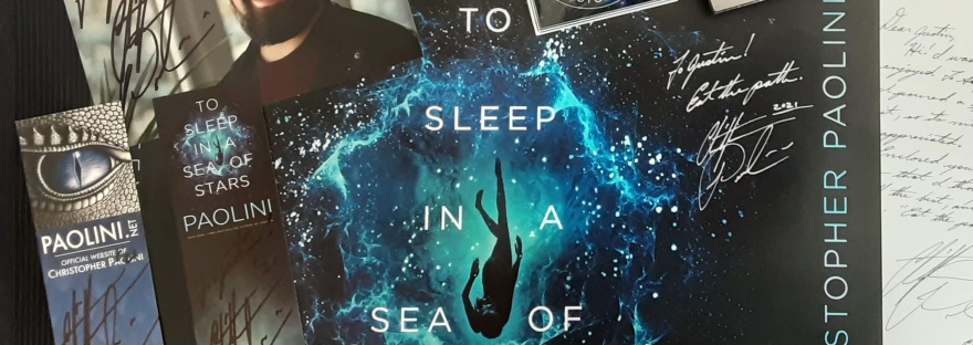 autographed To Sleep in a Sea of Stars poster, bookmarks, letter, photograph of Christopher Paolini