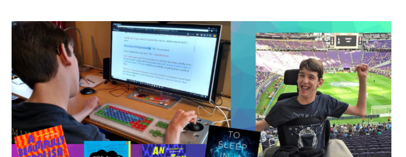Screenshot of Bookshare Blog Technology is a Game Changer post, images of Justin at computer and Justin at soccer field, several book covers